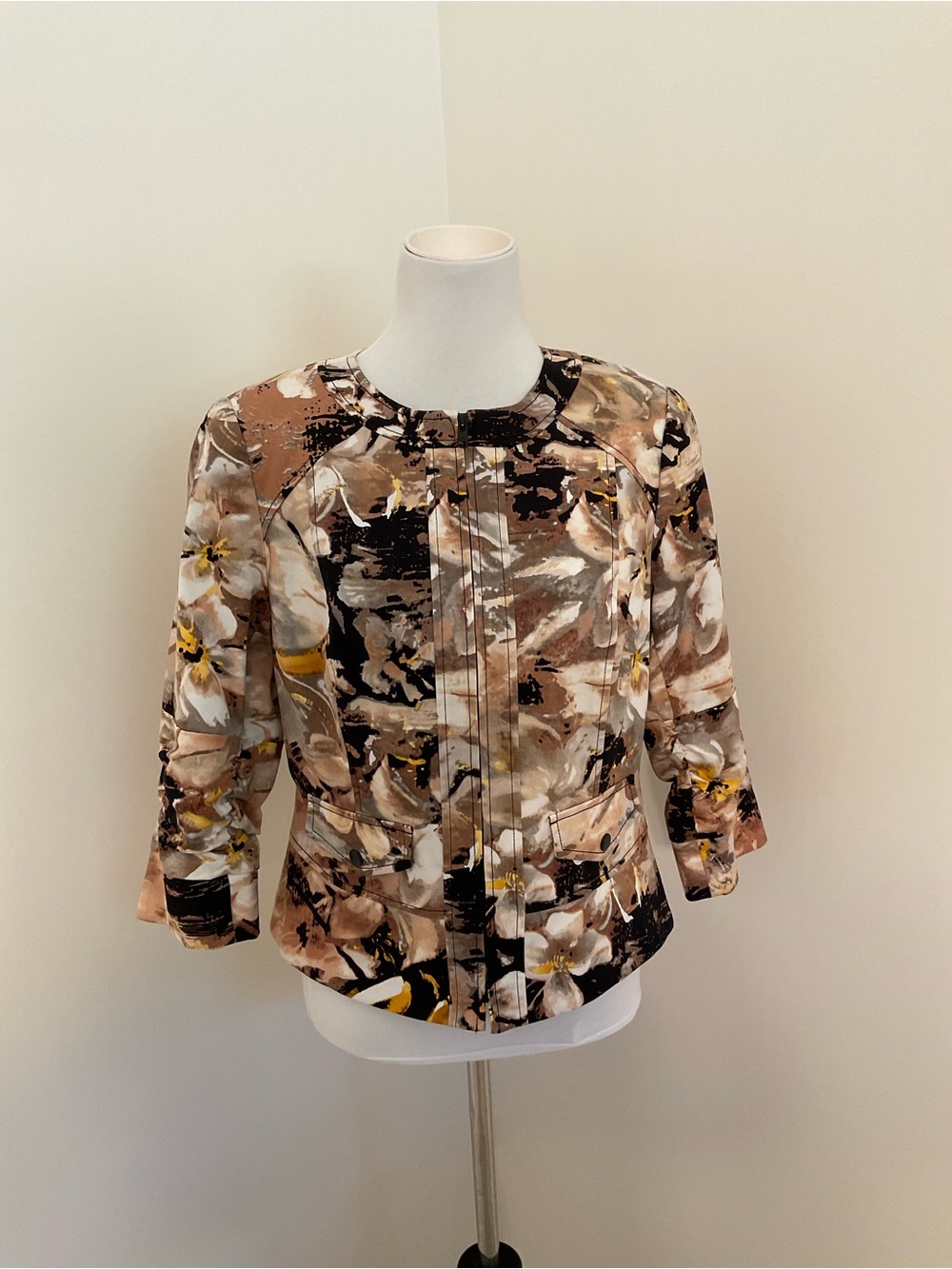 Coldwater Creek Brown And Beige Floral Print Jacket with Yellow Accents